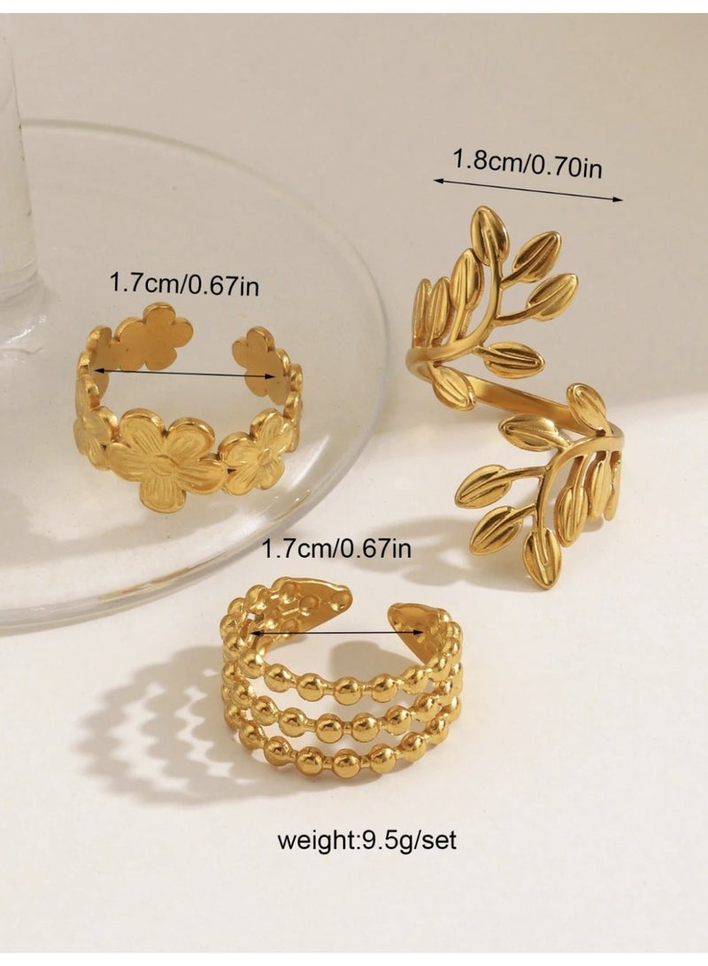 veya SET OF 3 WOMEN’S GOLD-PLATED RINGS 18K – FLORAL & LEAF DESIGN - Image 2